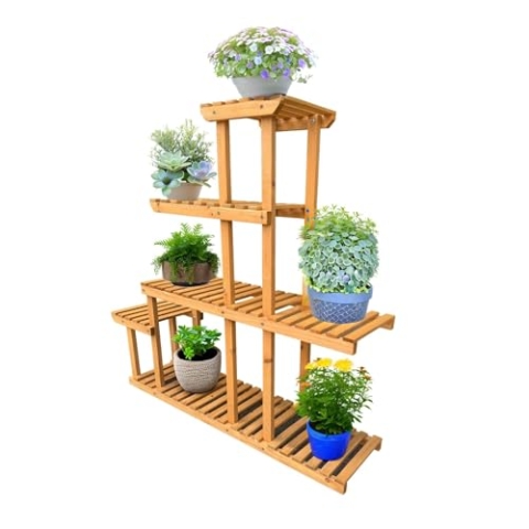 Coemo Blumenregal Lena - 5 Etagen Holz Pflanzenständer für Innen- und Außennutzung - platzsparendes Pflanzenregal - LxBxH ca. 102x25x95 cm
