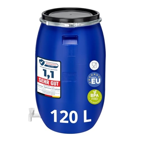 Garronda 120 Liter Regentonne mit Deckel mit Hahn Weithalsfass aus HDPE Regenfass für Garten Fass Regenwassertonne Futtertonne Wasserbehälter Universalfass Wasserfass Regentonnen Wassertank GD-0091