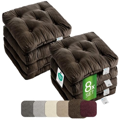 etérea Sitzkissen 42x42 cm 8er Set - Braun 8 cm hoch - Bodenkissen für Indoor, Outdoor, Küche, Garten, Auflage - Heidi Stuhlauflage - 8 Stück Stuhlkissen 40x40 cm Braun