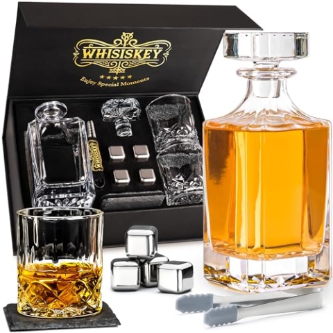 WHISISKEY Whisky Karaffe Set - Whiskey Geschenkset - Geschenke für Männer - Männergeschenke Geschenk - Geburtstagsgeschenk Mann - Klassische Dekanter 700ML, 2 Gläser, 4 Whisky Steine