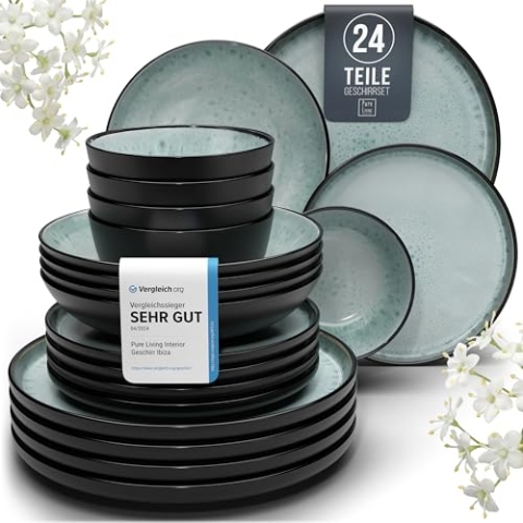 Steingut Geschirrset 6 Pers. Ibiza 24-tlg Hochwertiges Mediterranes TEST SEHR GUT Steingut Geschirr Set - Schüssel- und Teller Set - Tafelservice 6 Personen Geschirrsets Pure Living in Salbeigrün