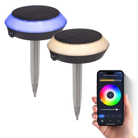 Silvergear® RGB Solar Gartenleuchten für Außen mit APP, 2er Pack | IP65 Wasserdicht | Auto-ON/OFF | Bunt Solar Gartenbeleuchtung 5W | Licht-Sensor Fernbedienung | 16 x 23 cm [Energieklasse A]