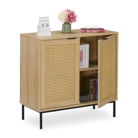 Relaxdays Sideboard, 2 Rattan-Türen, Metallbeine, HxBxT: 76x80x35 cm, Wohnzimmer, Flur, 2 Fächer, Kommode, Natur/schwarz