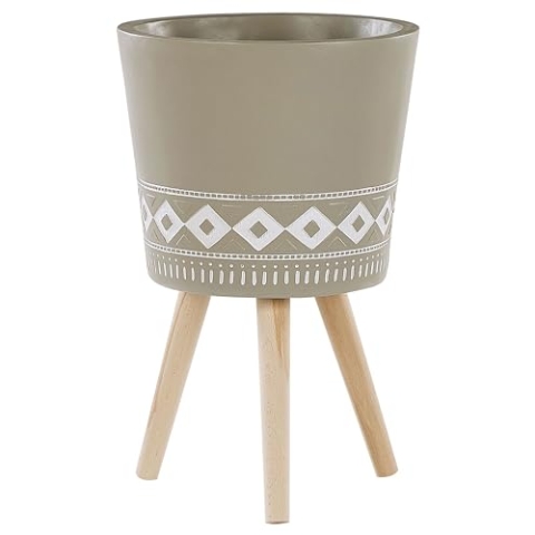 Beliani Blumenbehälter in Taupe mit 3 Holzbeinen geometrisches Muster ⌀ 35 cm Arta