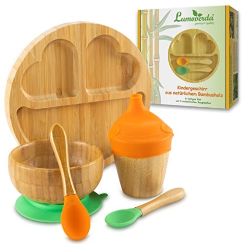 LUMOVERDA Kindergeschirr-Set aus Bambus, melaminfrei – Baby-Geschirr rutschfest – Kinderteller mit Saugnapf (extra groß), Müsli-Schüssel, Trinklernbecher, 2 Löffel