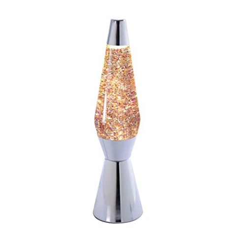 FISURA - Glitzer-Lavalampe. Verchromte Basis, transparente Flüssigkeit und Glitzerlava. Lampe mit Entspannungseffekt. Mit Ersatzbirne. 11,5 cm x 11,5 cm x 40 cm.