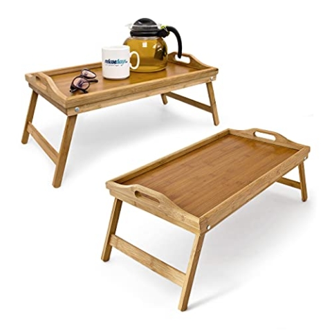 Relaxdays 4 x Betttablett klappbar, Essenstablett mit Füßen, Frühstück im Bett, Bambus & MDF, HxBxT: 23 x 60 x 30 cm, Natur
