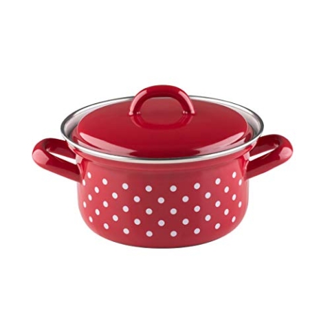 Riess, 0127-077, Kasserolle mit Deckel, COUNTRY - PÜNKTCHEN ROT, Durchmesser 14 cm, Höhe ohne Deckel 8 cm, Inhalt 0.75 Liter, Emaille, rot/weiß, Induktion