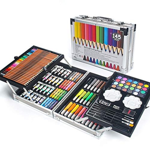MIAOKE 145 TLG Malset, Malkasten, Deluxe Mega Aluminium Box & Zeichen-Kit mit Buntstifte, Marker, Acrylfarben, Wachsmalstifte, HB-Stifte, Aquarellkuchen, Pinsel, 18-Blatt-Skizzenblock