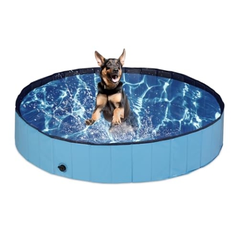 Relaxdays Hundepool, H x D: 30 x 160 cm, faltbar, mit Ablassventil, Hundeplanschbecken zur Abkühlung, PVC & MDF, blau
