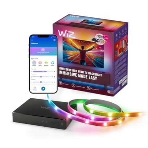 WiZ HDMI Sync Box mit TV-Beleuchtung - Synchronisiert Licht zu Ihren Filmen, Spielen und Musik -HDMI 2.0 - RGBIC LED Strip für 75"-85" Zoll TVs - App/Sprachsteuerung, funktioniert mit Google und Alexa