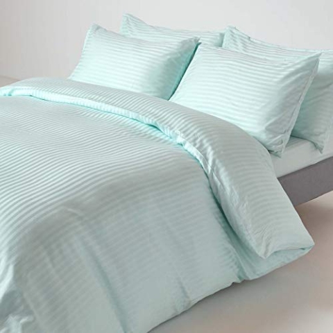 Homescapes 3-teiliges Damast-Bettwäsche-Set Aqua aus 100% ägyptischer Baumwolle mit Satin-Streifen, 1 Bettbezug 260x220 cm & 2 Kissenbezüge 48x74 cm
