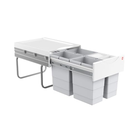 Hailo Abfallsammler 3643141 | 4x 8,5 Liter | Einbau Mülleimer für 40 cm Unterschrank | Mülltrennsystem mit Vollauszug | Raumspar-Tandem | Mülleimersystem Küche | Ein Biomüll Deckel inkl.
