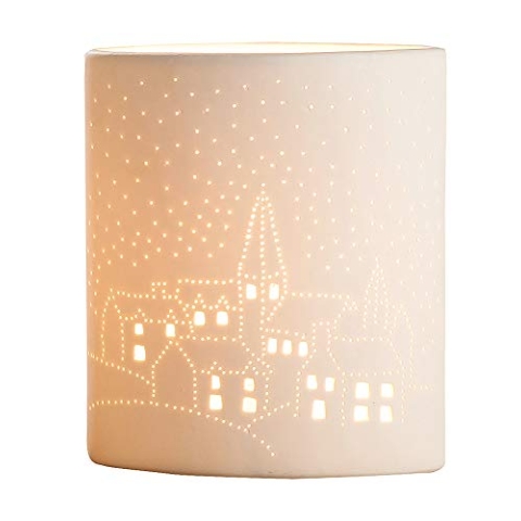 GILDE Deko Lampe Tischleuchte - Motiv: Kirche - aus Porzellan weiß - Fassung E 14, max 40 Watt - Höhe 20 cm