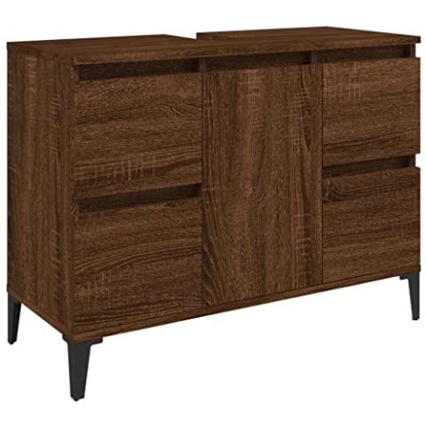 vidaXL Waschbeckenunterschrank, Badschrank mit 4 Schubladen 1 Fach, Waschtisch Unterschrank mit Metallfüßen Tür, Schrank Badunterschrank Badmöbel, Braun Eichen-Optik Holzwerkstoff