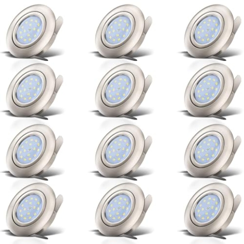 B.K.Licht - 12er Set LED Einbaustrahler 230V schwenkbar, warmweiße Lichtfarbe, Lochmass 68mm, flach, LED Spot, Deckenspots, Spots, Einbauleuchten, Einbauspots, 82x30 mm, Matt-Nickel