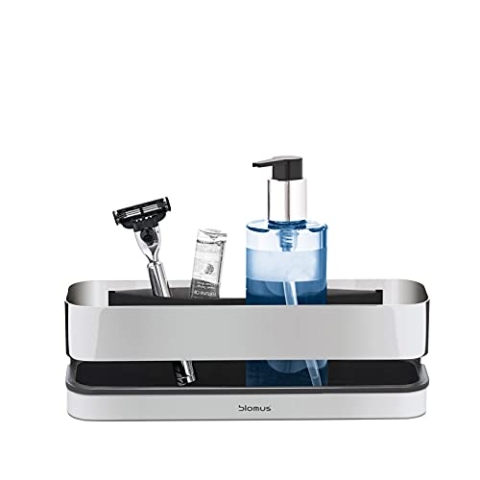 blomus -NEXIO- Duschkorb aus poliertem Edelstahl, praktischer Kunststoffeinsatz für vereinfachte Reinigung, inkl Halterung, exklusives Badaccessoire (H / B / T: 8,6 x 12 x 25 cm, Edelstahl, 68955)