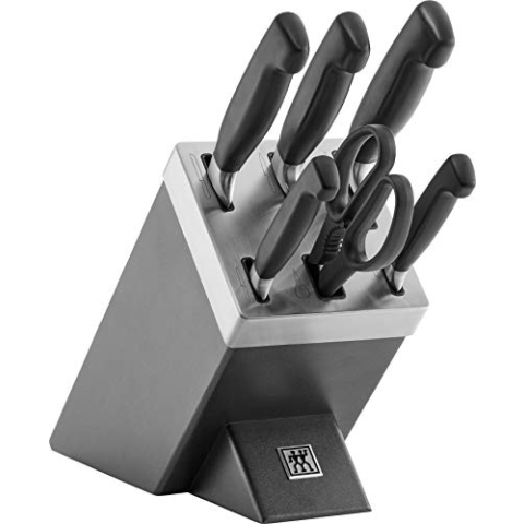 ZWILLING Vier Sterne Selbstschärfender Messerblock, 7-teilig, Messerset und Schere aus rostfreiem Spezialstahl/Kunststoff-Griff, Grau [Made in Germany]