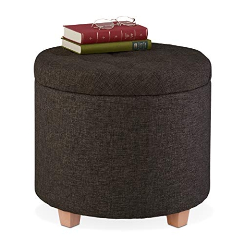 Relaxdays Sitzhocker mit Stauraum, gepolsterter Hocker rund, für Wohnzimmer, Leinen-Optik, H x D: 41 x 44 cm, braun