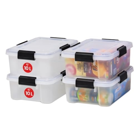 Iris Ohyama Luftdichte Kunststoff-Aufbewahrungsboxen mit Deckel, 10L, 4er-Set, Transparent, Hermetischer wasserdichter Verschluss, Robuste Schnappverschlüsse, Stapelbar, Staubschutz, BPA-frei, AT-S