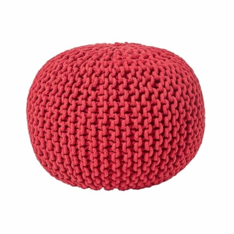 Homescapes Pouf Strickpouf rundes Bodenkissen Sitzpouf 35 x 40 cm, gepolsterter Sitzhocker, Sitzpuff/Puff mit grob gestricktem Bezug aus 100% Baumwolle, Strickpuff, rot