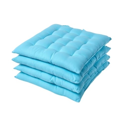 Homescapes 4er Set Stuhlkissen 40 x 40 cm, blau/hellblau, Sitzkissen mit Bändern und Knopfverschluss, einfarbige Auflagen für Stühle mit Bezug aus 100% Baumwolle und weicher Polyester-Füllung