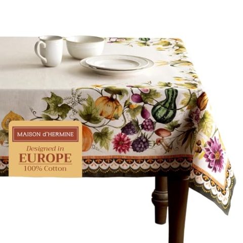 Maison d' Hermine Pumpkin Garden-Cloudy Cream 100% Baumwolle Tischdecke für Küche | Abendessen | Tischplatte | Dekoration Parteien | Hochzeiten | Thanksgiving/Weihnachten (140cm x 180cm)