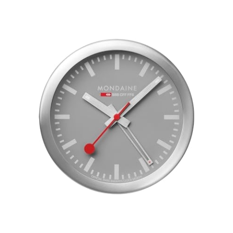 Mondaine Mini Wanduhr und Wecker mit Gehäuse aus Aluminium in Silber, Zifferblattfarbe: Grau, Durchmesser: 12.5 cm, A997MCAL86SBV
