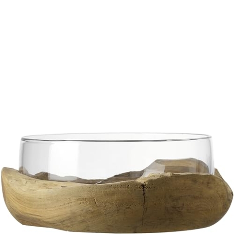 Leonardo TERRA Schale, 1 Stück, handgefertigte Dekoschale, Deko-Glasschale mit Teaksockel, Dekorationsschale, Teakholz, Farbe klar, 28cm breit, 084411