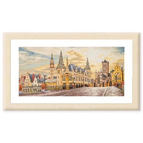 Lanarte Kreuzstich Stickpackungen Gezählter Kreuzstichbilder Set STADTANSICHT VON GENT Wanddekoration Handarbeit Set für Erwachsene 70 x 35 cm DIY Deko Bastelset Handwerker Kreative Geschenkset