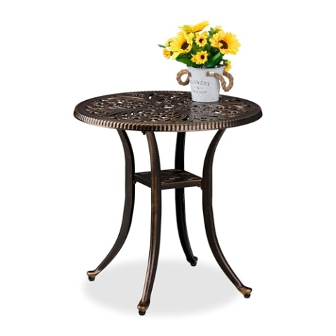 Relaxdays Gartentisch, antike Optik, wetterfest, Aluminiumguss, H x D: 53x53 cm, runder Balkontisch, schwarz/Bronze