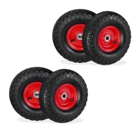 Relaxdays 4X Sackkarrenrad 4.10/3.50-4, luftbereifte Ersatzräder, 16 mm Achse, 136 kg, Stahlfelge, 260x85mm, schwarz-rot, 26 x 8,5 cm