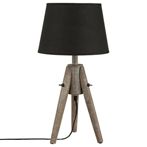 ATMOSPHERA CREATEUR D'INTERIEUR Lampe zum Hinstellen - Dreifuß aus Paulownia Holz - gebeizter/gekalkter Effekt - SCHWARZER Lampenschirm