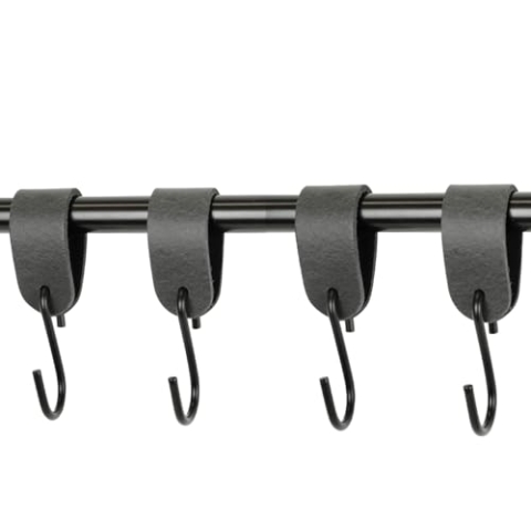 Handles and More - 4x S Haken für Kleiderstangen - Vintage Grau - Größe L - für max. Durchmesser 49mm - Kleiderhaken mit Lederschlaufe - Garderobenhaken aus echtem Leder - Fleischerhaken für Garderobe