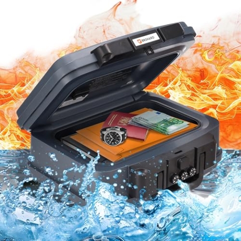 Brihard zertifizierte Dokumentenkassette 2117N, A5 - wasserdichte & feuerfeste Dokumentenbox mit Zahlenschloss, für Wertgegenstände & Dokumente, tragbarer Safe mit Griff – H 16,5 x B 38,2 x T 32,2 cm