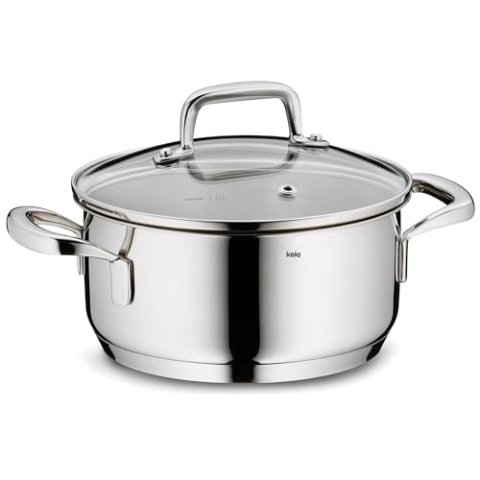 kela Bratentopf 16 cm FLAVORIA, Kochtopf Induktion 1,2 L, Glasdeckel mit Dampfauslassventil, Innenskalierung, Kochtopf klein, unbeschichtet
