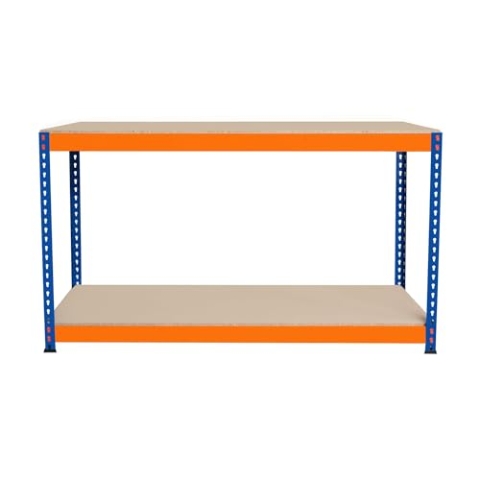 S-Rax 2-stufige Werkbank 150cm x 45cm x 90cm | 300kg/Regal & 6 verstärkte Stützbalken | Werkstatttisch Arbeitstisch | Stahl, Spanplatte & Gummifüße [Schraubenlos & Verstellbare Regalanordnung]