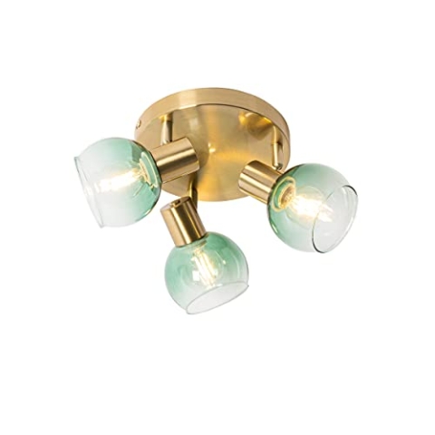 Qazqa - Art Deco Art Deco Deckenlampe Gold I Messing mit grünem Glas 3-flammig Spotbalken Lichter - Vidro I Wohnzimmer I Schlafzimmer - Stahl Rund - LED geeignet E14