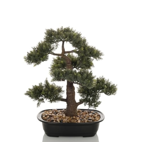 hjh OFFICE Kunstpflanze Bonsai künstliche Deko Pflanze, pflegeleichter Kunstbaum, Höhe 44 cm, Kiefer, Grün 871050