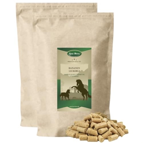 Lyra Horse® | 10 kg Bananen Leckerli Pferdefutter | Snacks aus Hafer, Weizen & Bananenchips | Ausgewogene Nährstoffquelle | Vitaminreiche Leckerlis für alle Pferde | Reich an Ballaststoffen & Kalzium