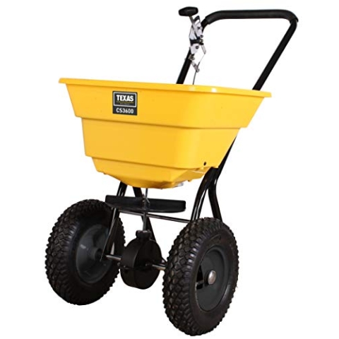 Texas Profi Streuwagen CS 3600 Rasendünger Salz Winter Düngerstreuer Rasen Saatgut | 36 Liter | 2m Streubreite | leichtläufige Lufträder | verstellbare Dosierung | schwarz-gelb | sehr robust