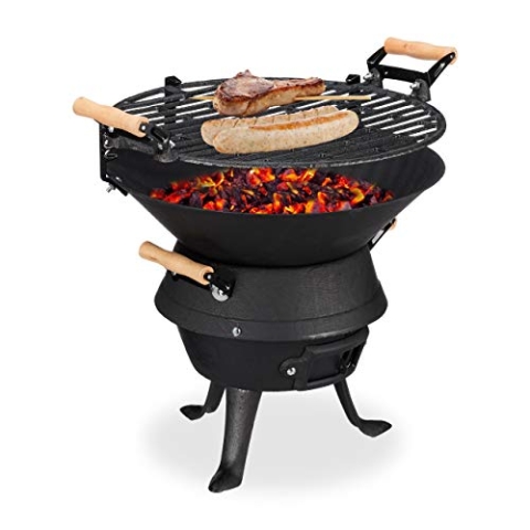 Relaxdays Grillfass Gusseisen, höhenverstellbarer Grillrost, Belüftung, Fassgrill für Holzkohle, HBT 40x45x36cm, schwarz