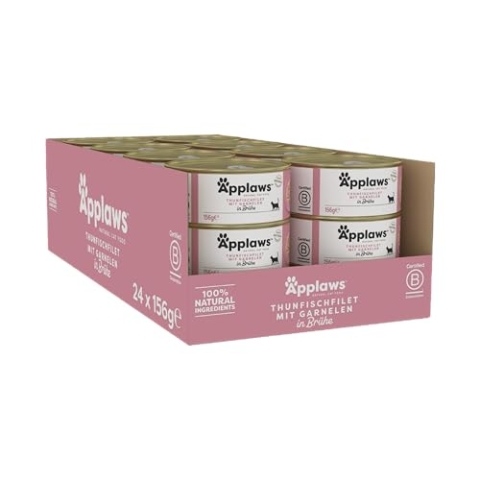Applaws 100% natürliches Premium-Nassfutter für Katzen, Thunfischfilet mit Garnele in Brühe - Packung mit 24 x 156g Dosen