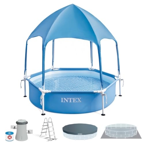 Intex 28209NP – Aufstellpool Canopy Metal Frame Rund, mit Abnehmbarem Sonnenschutz und Wassersprinkler, 700 L, Stahl und PVC, Blau, 183x38 cm