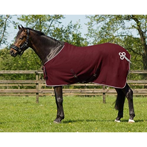 QHP Fleecedecke Abschwitzdecke Brustlatz Ornament Kontrast-Einfassung Kreuzgurte (155 cm, Bordeaux/Silber)