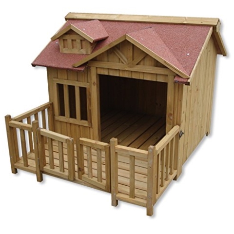 Wiltec Luxus XL Hundehütte 93,5 x 77,5 x 70 cm, braun, Hundehaus aus Holz mit Veranda, Hundehöhle Outdoor für Balkon Garten Terrasse