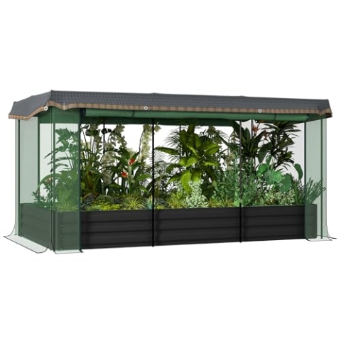 Outsunny Hochbeet Stahl, Pflanzkasten, Blumenkasten mit Vogelschutznetz, Sonnenschutz, Gartenbeet für Balkon, Terrasse, Dunkelgrau, 230 x 110 x 110 cm