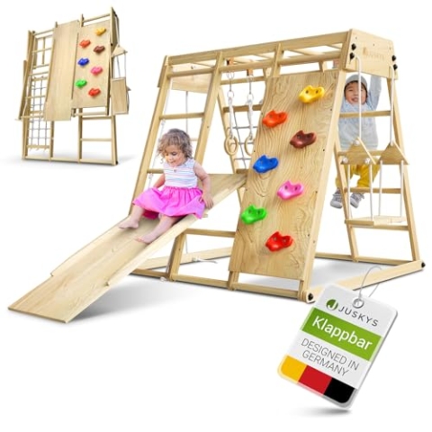 Juskys Maxi Klettergerüst für Kinder - Indoor Spielplatz mit Rutsche, Kletterwand, Kletternetz & Schaukel - Holz Kletterturm klappbar - Natur