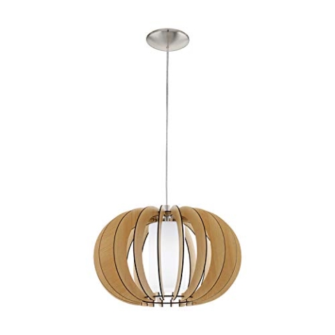 EGLO Pendelleuchte Stellato 1, 1 flammige Hängelampe Vintage, Hängeleuchte aus Stahl, Holz und Glas in Nickel-Matt, Ahorn, Weiß, Esstischlampe, Wohnzimmerlampe hängend mit E27 Fassung, Ø 40 cm