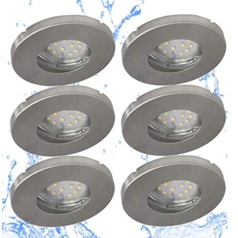 Trango 6er Set 6729IP65-069MO IP65 LED Einbaustrahler in Aluminium gebürstet inkl. 6x 5 Watt 3000K warmweiß Ultra Flach LED Modul für Bad, Dusche, Einbauspots, Deckenstrahler, Deckenlampe, Badleuchte